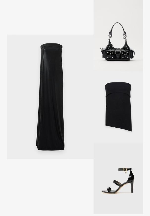 Top tube nero, lavorato a maglia, con bordo ripiegato. Il tessuto è liscio e leggermente elasticizzato, con un design essenziale e senza accenti visibili.; Abito maxi nero senza maniche realizzato in tessuto liscio e lucido. Presenta un corpetto aderente e una silhouette fluida, che arriva fino al pavimento senza decorazioni.; Sandalo in pelle verniciata nera con tre cinturini, fibbia alla caviglia e tacco a stiletto di 10 cm. Presenta dettagli in hardware dorato e un charm con logo.; Borsa a mano in pelle nera con design curvo, caratterizzata da borchie argentate, una fibbia e due tasche laterali. Tracolla regolabile per diverse opzioni di trasporto.