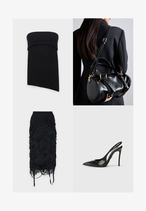 Melnā adīta caurule, kuras augšdaļa ir salocīta. Audums ir gluds un nedaudz elastīgs, ar vienkāršu dizainu un bez redzamām dekorācijām.; Melnā svārki ar slāņainiem mežģīņu akcentiem, pieguļošu jostas daļu un regulējamām siksnām. Dizainā ir iekļauta viļņota raksta elementa.; Melnas slingback kurpes ar smailu purngalu, teksturētu čūskas rakstu, stiletto papēdi un dekoratīvu sprādzi uz siksniņas.; Melna ādas rokassoma ar noapaļotu formu, ar zelta detaļām un regulējamiem siksnām. Aksesuāri no teksturētas melnas ādas un beigu detaļām.