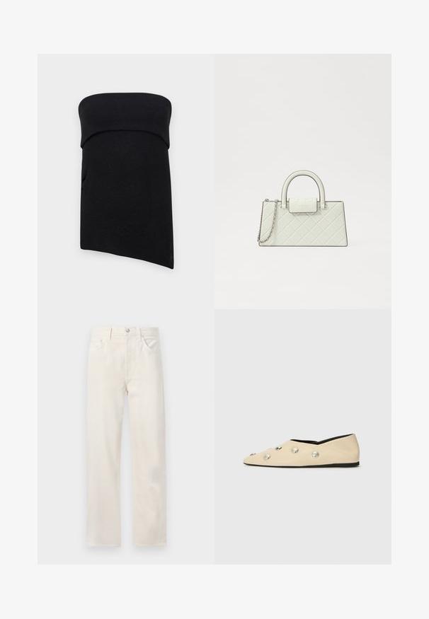 Black, knitted tube top featuring a folded edge. The fabric is smooth and slightly stretchy, with a streamlined design and no visible accents.; Off-white straight-leg denim jeans with five pockets, belt loops, and a button-and-zip closure at the waist.; CLOSED Ballet pumps - ecru; Quilted white handbag with a structured design, top handle, detachable chain strap, and a raised logo on the clasp.
