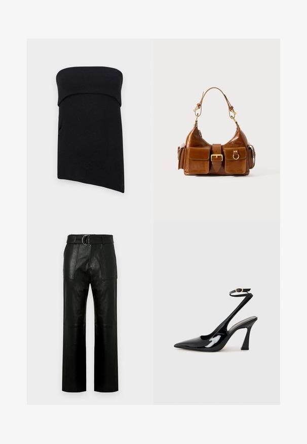 Mustast, kootud toru-top, millel on volditud äär. Kanga pind on sile ja veidi veniv, voolava disainiga ning ilma nähtavate aksessuaarideta.; Kõrge vöökoht, mustad nahkpüksid laia säärega, suured esi-taskud ja sobiv vöö kahekordse rõngaga kinnitusega.; Mustad läikivad patendiga slingback-kõrged kontsad, millel on terav põlv ja reguleeritav pahkluu rihm, ning mõõdukas plokknukk. Sile tekstuur läikiva viimistlusega.; Pruun nahast käekott, millel on kõver kuju, kahekordne kullatooniline riistvara, kaks esitaskut ja lai rihm. Sile tekstuur ja läikiv viimistlus.