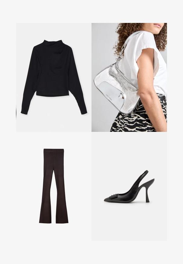 Iro MELISSO - T-shirt à manches longues - black; Haut asymétrique en satin noir avec une seule bretelle, présentant un design drapé et une fermeture éclair sur le côté. Texture douce.; Bershka Pantalon classique - dark brown; Chaussure slingback en cuir noir avec un bout pointu, un talon haut fin et un accent de nœud décoratif. Texture lisse et design élégant.; Sac à épaule en métal argenté avec une texture lisse, un design incurvé, une bandoulière en chaîne et un panneau avant poli présentant une gravure discrète du logo.; Boucles d'oreilles en argent avec un design en spirale fluide. Texture lisse avec une finition polie. Présente un éclat subtil et sans ornements visibles.