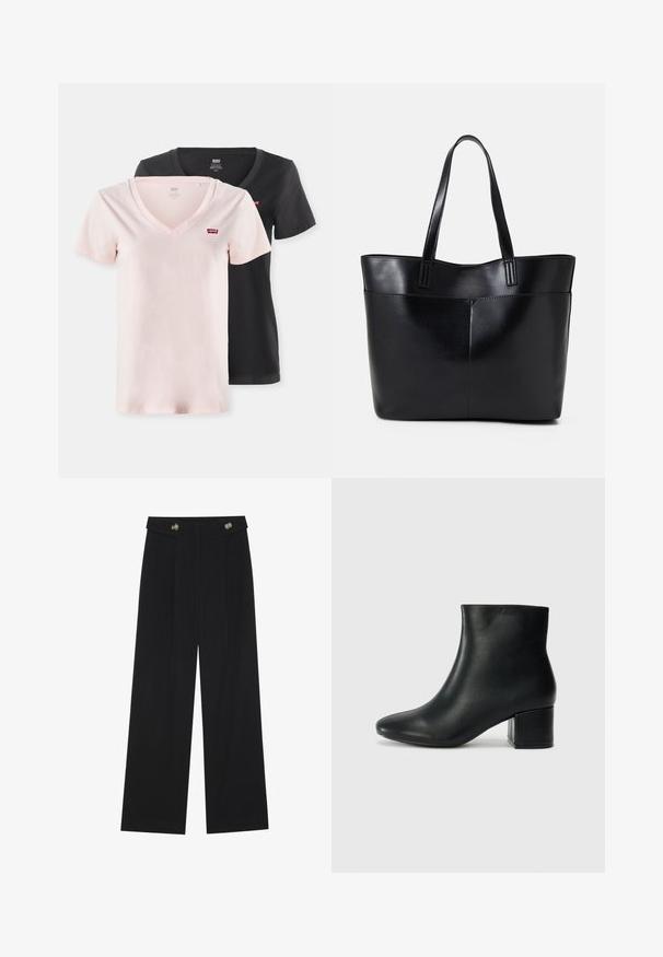 Kaks t-särki V-kaelusega, helesinises ja mustas. Valmistatud pehmest kangast, lühikeste varrukatega ja väikese logoga vasakul rinnal.; Mustad laiad püksid kõrge vöökoha ja nööpdetailidega vööandil, esikortsudega.; Mustad nahast pahkluu saapad terava varbaga ja jämeda kandaga. Sile tekstuur minimaalse aktsentidega ja stiilne, lihvitud disain.; Must mustaga musta nahast, millel on kaks pikka kanda, sile tekstuur ja struktureeritud kuju. Esipoolsel on lisakoti jaoks tasku.