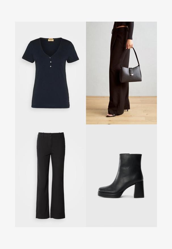 Mos Mosh BASIC TEE - Paprasti marškinėliai - salute navy; Juodi medvilnės mišinio kelnės su tiesiu kirpimu, priekyje su mygtukų užsegimu ir dviem šoninėmis kišenėmis. Lygi tekstūra, be matomų raštų.; Juodas odinis kulkšninis botas su bloku ir platformos padu, matomas šoniniu vaizdu ant balto fono.; Juodas rankinė struktūrizuota forma, lygi tekstūra ir metalinis užsegimas. Suporuota su plačiomis juodomis kelnėmis ir atvirais bateliais ant medinių grindų.