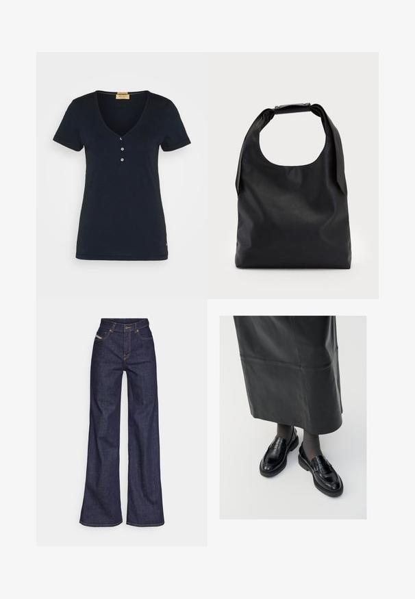 Mos Mosh - T-shirt basic; Ciemnoniebieskie dżinsy szerokie w nogawkach wykonane z denimu, z wysokim stanem, z pomarańczowymi przeszyciami, pięcioma kieszeniami i zapięciem na guzik.; Czarne skórzane mokasyny o gładkim wykończeniu, z ozdobnym paskiem, okrągłym noskiem i teksturowaną podeszwą. Noszone z długą czarną skórzaną spódnicą.; Czarna skórzana torba hobo z pojedynczym, miękkim, zaokrąglonym uchwytem; charakteryzuje się gładką teksturą i minimalistycznym designem. Brak widocznych elementów metalowych lub akcentów.; Srebrne kolczyki w formie kółek o gładkim, polerowanym wykończeniu. O okrągłym kształcie i pewnym zapięciu na klik. Lekka konstrukcja odpowiednia do codziennego noszenia.