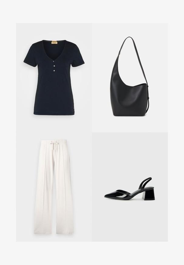 Mos Mosh BASIC TEE - Tricou basic - salute navy; Pantaloni de trening bej deschis, confecționați dintr-un material moale, având o talie cu șnur, picioare largi și cusături verticale, cu o textură netedă.; Pantofi cu toc slingback din piele lacuită neagră, cu vârf ascuțit și toc geometric. Prezintă un design elegant, minimalist și o textură netedă.; Geantă hobo din piele neagră, cu o textură netedă, formă curbată și un singur bretele ajustabil; are o deschidere largă în partea de sus.