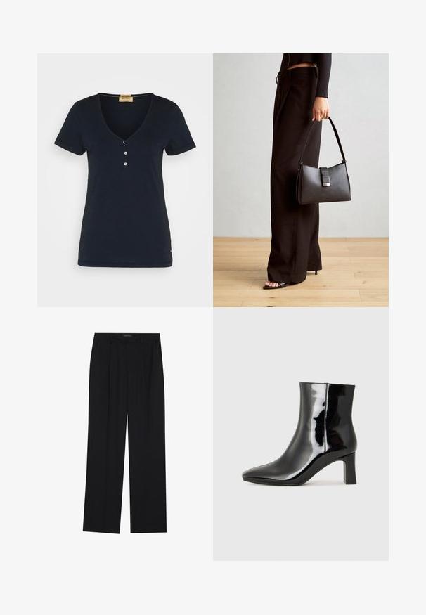 Mos Mosh BASIC TEE - Paprasti marškinėliai - salute navy; Juodos kelnes su tiesiomis sijonais, turinčios dvi priekinės kišenės ir juosmenį. Pagamintos iš lygios, lengvos medžiagos.; Juodos lakuotos odinės aulinukės su smailiu pirštu ir vidutinio aukščio blokuotu kulnu. Lygus paviršius ir minimalistinis dizainas.; Juodas rankinė struktūrizuota forma, lygi tekstūra ir metalinis užsegimas. Suporuota su plačiomis juodomis kelnėmis ir atvirais bateliais ant medinių grindų.
