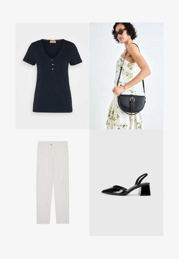 Mos Mosh BASIC TEE - T-shirts - salute navy; Hvite, skreddersydde bukser med rette ben, med knapplukking, beltehemper og sidelommer; glatt tekstur.; Svarte patentlær slingback hæler med spiss tå og geometrisk blokk hæl. Har et stilrent, minimalistisk design og jevn tekstur.; Svart lærveske med en buet form, avtagbar stropp og gullbeslag. Vesken har et klaff med spenne-detall.