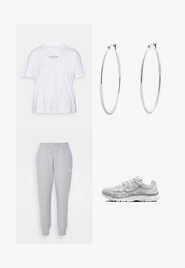 Hvit bomulls t-skjorte med korte ermer, med rund hals og trykket tekst i svart som sier "ONLY PLAY ATHLEISURE" på forsiden.; Lysegrå collegebukser med snor i livet, smalnede ben og en liten hvit logo på venstre lår. Laget av et mykt, teksturert stoff.; Lys grå sportsko med overdel i mesh og syntetisk materiale, med snøring, polstret krave og strukturert såle for grep.; Sølv ringøredobber med en glatt, polert overflate og en tynn, sirkulær form. Designet har en sikker clasp.