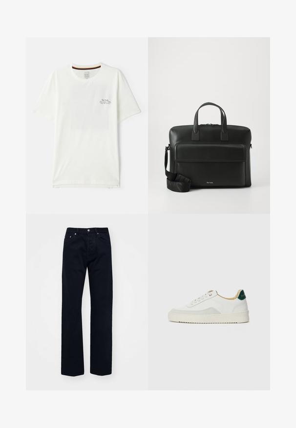 T-shirt de algodão branco com mangas curtas, apresentando um pequeno logótipo impresso a preto no peito e uma risca colorida no interior da gola.; Calças de ganga pretas com corte reto, apresentando fecho com botão e zipper, cinco bolsos e costura tonal.; Tênis brancos com detalhes em camurça, bico arredondado, atacadores planos e sola de borracha creme. Apresenta uma marcação verde no calcanhar.; Malote em couro preto com duas alças superiores, um bolso frontal e uma alça destacável, apresentando uma marcação discreta na parte inferior.