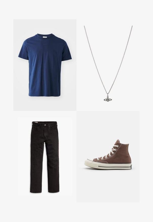 Temno modra bombažna majica s kratkimi rokavi, okroglim ovratnikom in subtilnim logotipom na sprednji strani. Gladka tekstura s klasičnim krojem.; Črne kavbojke ravnega kroja z žepi, gumbnim zapiranjem in zankami za pas, ležijo položene na belem ozadju.; Visoki rjavi platneni čevelj z belimi vezalkami, gumijastim zaščitnikom na prstu in črno črto na podplatu. Opremljen z belimi šivi in klasičnim dizajnom.; Srebrna verižica z obeskom v obliki planeta, okrašena z majhnimi detajli in zapletenimi vzorci.