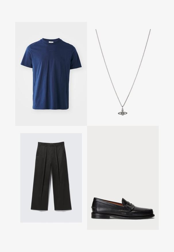 Tengerészkék pamut póló rövid ujjakkal, kerek nyakkivágással és diszkrét logóval az elején. Simaság és klasszikus szabás jellemzi.; Fekete, bő szárú nadrág sima textúrával, két elülső zsebbel és enyhén megemelt derékkal.; Fekete bőr mokaszin lekerekített orral, varrott részletezéssel és díszes pánttal az elején. Lapos talp minimalista profilal.; Ezüst lánc nyaklánc, részletes, bolygó formájú medállal, kicsi díszítőelemekkel és összetett mintákkal díszítve.