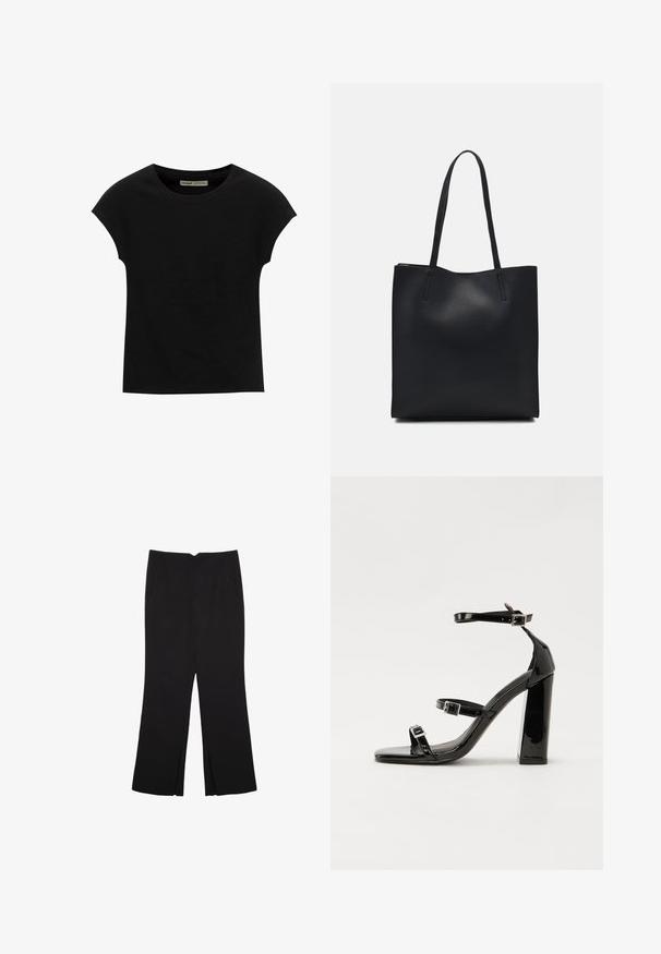 Sort T-shirt med korte ærmer og rund halsudskæring. Fremstillet af glat, elastisk bomuldsstof. Simpelt design uden mønstre eller grafik.; Sorte bukser med lige pasform, der har frontlommer og slidser i kanten. Lavet af blødt, glat stof. Velegnet til forskellige anledninger.; Sorte patenterede hælsandaler med firkantet tå, ankelremme og sølvspænder. Har en chunky blokHæl for stabilitet.; Sort læder tote taske med glat tekstur, rektangulær form og to lange hanke. Ingen synlig hardware eller udsmykninger.