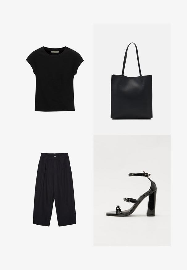 Sort T-shirt med korte ærmer og rund halsudskæring. Fremstillet af glat, elastisk bomuldsstof. Simpelt design uden mønstre eller grafik.; Sorte polyester culotte bukser med elastisk talje, to forpiber og en løs silhuet. Ingen synlige mønstre eller hardware detaljer.; Sorte patenterede hælsandaler med firkantet tå, ankelremme og sølvspænder. Har en chunky blokHæl for stabilitet.; Sort læder tote taske med glat tekstur, rektangulær form og to lange hanke. Ingen synlig hardware eller udsmykninger.
