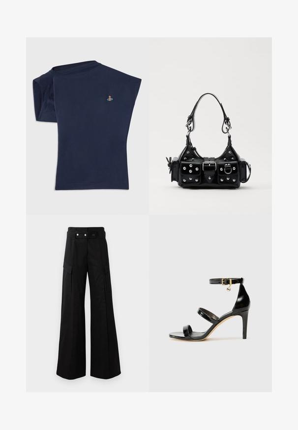 Tumedat sinine lühikeste varrukatega T-särk ümmarguse kaelusega ja ühe õmblusega õlal. Rinnal on väike broderie disain.; Must värvi nahast särk nupuga esitasku, terava krae ja kahe rinna taskuga. Omab laia lõiget ja sujuvat tekstuuri.; Mustad laiad püksid kõrge vöökohtaga, suured küljetaskud, kaks esimest nööpi ja silmuse detailiga. Valmistatud tugevast kangast.; Must musta nahk sandaal kolme rihmaga, pahkluu vööga ja 4-tollise stilettakontsaga. Omab kuldset detaili ja logovõtit.; Must värvi nahast käekott, millel on kaarjas disain, hõbedased nupukesed, kinnitusahe ja kaks külgtaskut. Reguleeritav rihm erinevate kandmisvõimaluste jaoks.