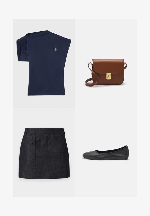Μπλε ναυτικού κοντομάνικο μπλουζάκι με στρογγυλή λαιμόκοψη και έναν ώμο εκτεθειμένο. Περιλαμβάνει μικρό κεντημένο σχέδιο κοντά στο στήθος.; Σκούρα τζιν φούστα με ίσια γραμμή, διαθέτει δύο μπροστινές τσέπες και διακριτική υφή. Καθαρή γραμμή στο τελείωμα και κανονικός σχεδιασμός ζώνης.; Μαύρο δερμάτινο μπαλαρίνι με στρογγυλή μύτη, λεία υφή, ελάχιστες λεπτομέρειες ραφής και σχεδίαση ευέλικτης σόλας.; Καφέ δερμάτινη τσάντα χειρός με κλείσιμο καπάκι, χρυσές λεπτομέρειες, ιμάντα ώμου και λεία υφή. Συμπαγές ορθογώνιο σχήμα.