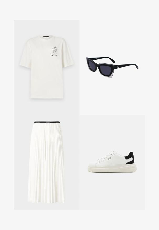 Vit bomull t-shirt med korta ärmar och avslappnad passform, med en svart linjeteckning på vänster bröstområde.; Fälld vit kjol med svart elastiskt midjeband som har "LACOSTE"-logotypen. Mittenlång design med mjuk textur.; Vita lädersneakers med en tjock vit sula, svartsuede hälaccent och präglad logotyp på sidan. Snörningsdesign med sex öglor.; Svart överdimensionerade solglasögon med geometrisk form, med mörka linser och en kontrasterande grå detalj på ramen. Logotyp på bygeln.