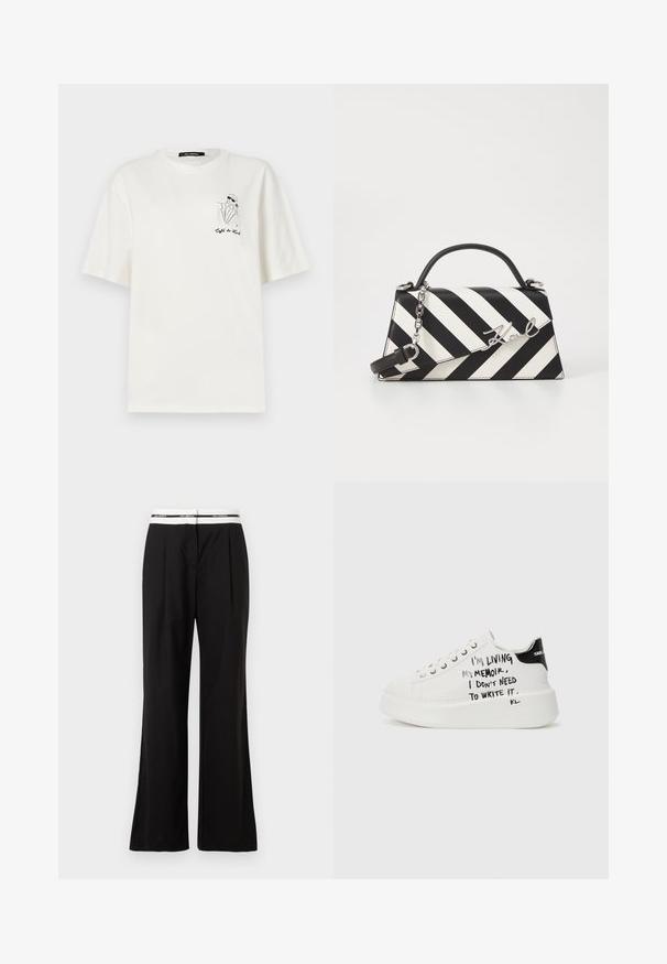 White cotton t-shirt with short sleeves and a relaxed fit, featuring a black line art illustration on the left chest area.; Black trousers with a relaxed fit, featuring a white elastic waistband with branding. Made of smooth fabric with a slight sheen.; White platform sneakers with black accents, featuring a textured sole and handwritten text on the sides. Smooth leather material.; Black and white striped handbag with a structured shape, featuring a top handle, a detachable chain strap, and metallic logo accent.