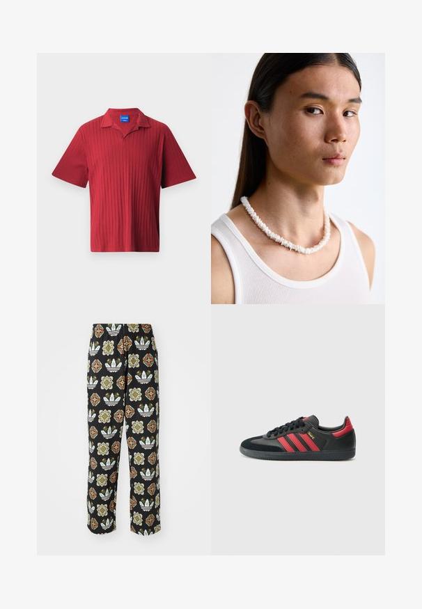 Sarkans īsām piedurknēm polo krekls ar vertikālu ribotu tekstūru, izgrieztu apkakli un birku iekšējā kakla daļā.; Melnas bikses ar sarežģītu dažādu formu rakstu, tostarp ziedu dizainiem un svītrām oranžā, zaļā un baltā krāsā.; Melni sporta apavi ar sarkaniem svītrainiem, izgatavoti no zamša un ādas materiāliem, ar noapaļotu degunu, plakanu auklu, strukturētu gumijas zoli un zelta akcentiem.; Balta čaulu kaklarota, kas sastāv no neregulārām formām, valkāta virs pieguļošas baltas topiņas. Gluda tekstūra ar smalku spīdumu, cieši piegulošs dizains.