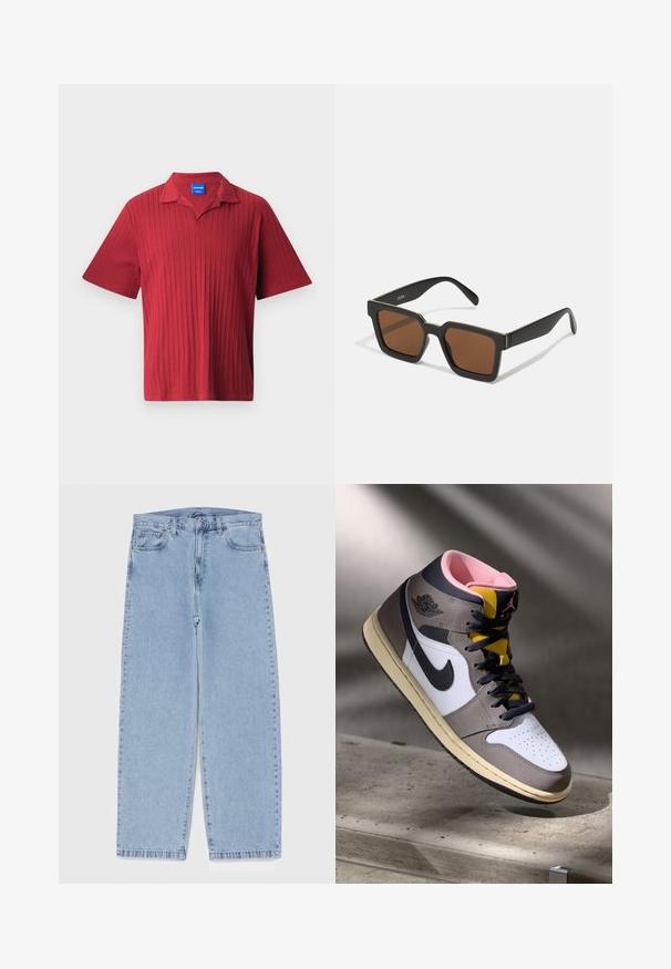 Polo roșu cu mâneci scurte, având textură ribbed verticală, guler tăiat și un etichetă pe interiorul gulerului.; Jeans din denim de culoare albastru deschis, cu un design cu picioare drepte, având talie medie, cinci buzunare și un sistem de închidere cu nasture și fermoar.; Sneaker Nike Air Jordan de tip high-top, alb, gri și negru, cu interior roz și limbă galbenă, amplasat pe o suprafață din beton.; Ochelari de soare pătrați negri cu lentile maro, având un finisaj mat și accente aurii pe ramă. Designul este unghiular, cu brațe late.; Geantă crossbody din piele texturată neagră, cu curea reglabilă, buzunar frontal cu fermoar și accent metalic cu marcă. Formă compactă pătrată.; Ceas Casio rectangular cu un cadran alb, accente aurii, numere romane și o brățară din piele cu model de crocodil de culoare marron. Design rezistent la apă.