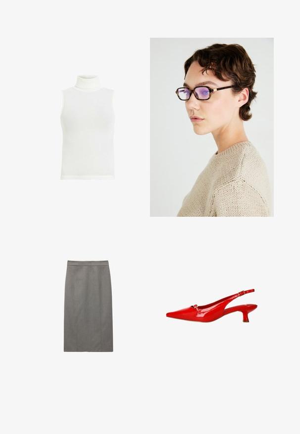 Witte mouwloze turtleneck top, geribbelde textuur, aansluitend ontwerp, rechte onderrand, zachte katoenmix stof. Geen aanvullende details of patronen.; Grijze kokerrok met een rechte silhouet, tailleurnaden en een gladde textuur. Het ontwerp heeft een hoge tailleband voor een comfortabele pasvorm.; Rode gelakte leren slingback schoenen met een spitse neus, een klein gespdetail en een korte kittenheel. Glad, glanzend oppervlak overal.; Schildpad motief rechthoekige bril met paarse lenzen; dun, elegant montuur; gouden hardware detail op de poot; geweven beige trui.; Zwarte synthetische portemonnee met een gestructureerde afwerking, driehoekig gouden logo accent en een gouden kettingband voor crossbody gebruik.; Goudvergulde oorringen met een gladde, taps toelopende vorm. Ze hebben een gepolijste afwerking en een gebogen silhouet, wat hun moderne vorm benadrukt.
