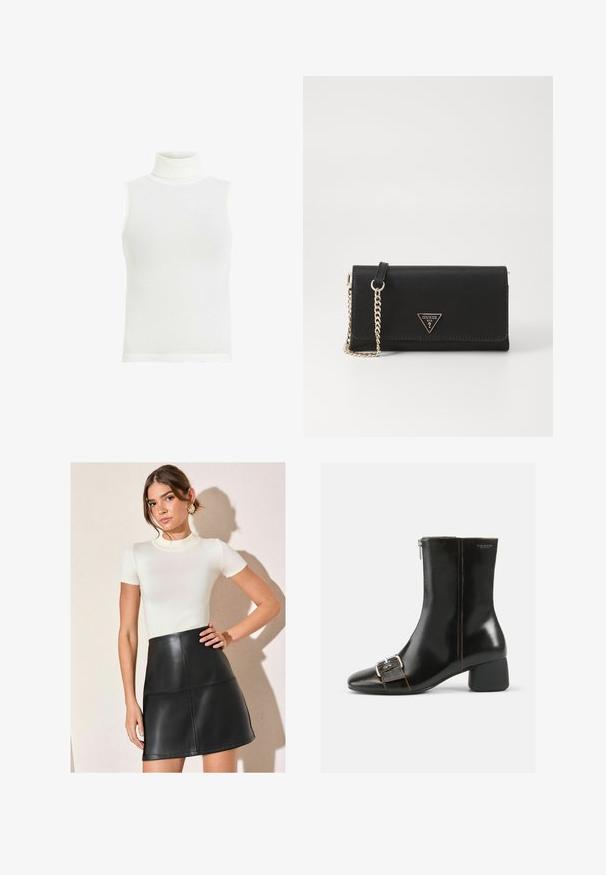 White sleeveless turtleneck top, ribbed texture, fitted design, straight hem, soft cotton blend fabric. No additional details or patterns.; White ribbed short-sleeve top paired with a black faux leather mini skirt featuring panel detailing and a sleek silhouette.; Black leather ankle boot with a rounded toe, side zipper, and silver buckle detail. Features a chunky heel and contrasting stitching.; Black synthetic wallet with a textured finish, triangular gold logo accent, and a gold chain strap for crossbody wear.; Gold-plated hoop earrings with a smooth, tapered design. They feature a polished finish and curved silhouette, enhancing their modern shape.