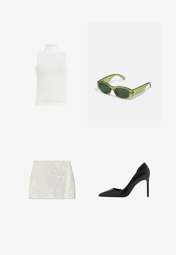 Biała bezrękawnik z golfem, wzór prążkowany, dopasowany krój, proste wykończenie, miękka tkanina bawełniana. Brak dodatkowych szczegółów lub wzorów.; Bershka - Spódnica trapezowa; Mango - Szpilki; Zielone, przezroczyste okulary przeciwsłoneczne o prostokątnym kształcie, ciemnozielone soczewki i akcent z logo po boku. Gładka tekstura i nowoczesny design.; Czarny, syntetyczny portfel o teksturowanym wykończeniu, z trójkątnym złotym logo i złotym paskiem na ramię do noszenia w poprzek ciała.; Złote kolczyki w kształcie obręczy z gładkim, zwężającym się fasonem. Posiadają polerowane wykończenie i zakrzywioną sylwetkę, podkreślając nowoczesny kształt.