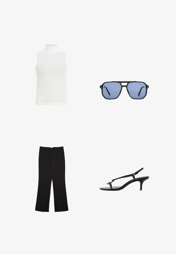 Top bianco senza maniche, con texture a coste, design aderente, orlo dritto, in morbido tessuto misto cotone. Nessun dettaglio o motivo aggiuntivo.; Pantaloni neri a gamba dritta, con tasche frontali e spacchi laterali all'orlo. Realizzati in tessuto morbido e liscio. Adatti a diverse occasioni.; Sandal con zeppa kitten nera in pelle, con sottili cinturini, fibbia dorata e una minimalista fascetta per le dita su sfondo bianco.; Stradivarius RETRO - Occhiali da sole - light blue