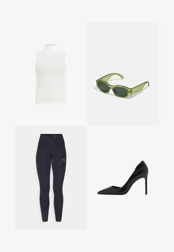 Biała bezrękawnik z golfem, wzór prążkowany, dopasowany krój, proste wykończenie, miękka tkanina bawełniana. Brak dodatkowych szczegółów lub wzorów.; Czarne legginsy z wysokim stanem, wykonane z elastycznego materiału, z małym białym logo na udzie i gładką teksturą.; Mango - Szpilki; Zielone, przezroczyste okulary przeciwsłoneczne o prostokątnym kształcie, ciemnozielone soczewki i akcent z logo po boku. Gładka tekstura i nowoczesny design.; Czarny, syntetyczny portfel o teksturowanym wykończeniu, z trójkątnym złotym logo i złotym paskiem na ramię do noszenia w poprzek ciała.; Złote kolczyki w kształcie obręczy z gładkim, zwężającym się fasonem. Posiadają polerowane wykończenie i zakrzywioną sylwetkę, podkreślając nowoczesny kształt.