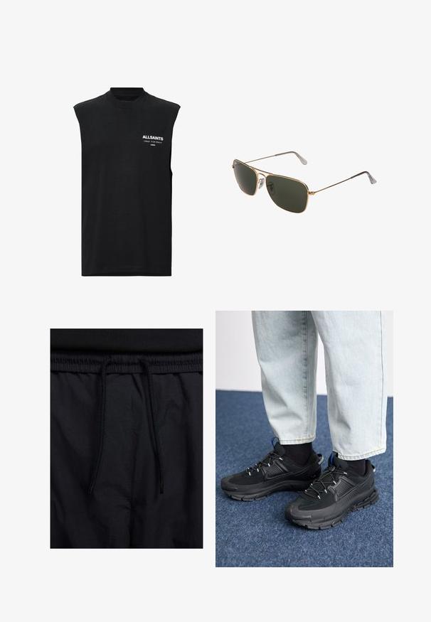 Black sleeveless t-shirt made of cotton, featuring a high neckline and a small white logo on the front, smooth texture, and relaxed fit.; Black shorts featuring a drawstring waistband, lightweight fabric with a smooth texture, and a simple design without visible logos or patterns.; Black athletic shoes with textured fabric and rubber soles, featuring elastic laces and a blue accent on the heel. Worn with light denim pants.; Gold metal aviator sunglasses with large dark green lenses, featuring a thin frame and transparent nose pads for comfort.