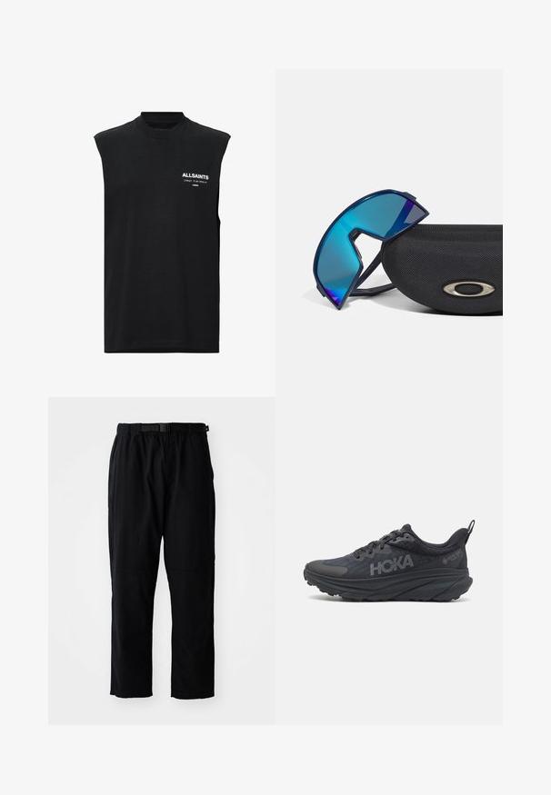 Svart ermeless T-skjorte laget av bomull, med høy hals og en liten hvit logo på forsiden, glatt tekstur og avslappet passform.; Svarte, lette bukser med avslappet passform, med belte i midjen, forsterkede knepather og rett ben-design.; Svart Hoka løpesko med mesh-overdel, teksturerte detaljer, og en tykk, polstret såle med avsmalnende kanter for forbedret støtte.; Blåtonede, omsluttende solbriller med sporty design, som hviler på et teksturert svart etui med en metallisk logoaksent.; Svart nylon crossover-bag med justerbar stropp, med en fremtredende hvit logo. Bært over en lyseblå t-skjorte. Enkelt, funksjonelt design.