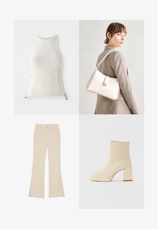 Top de malha branca com gola alta, apresentando detalhes de atacadores laterais em bege e um acabamento canelado na parte inferior.; Calças bege boca de sino com uma cintura alta, feitas de tecido de algodão. Apresentam bolsos frontais e traseiros, passantes para cinto e um único botão prateado.; Bota ankle de couro bege com salto bloco e sola plataforma, acabamento suave e bico ligeiramente quadrado, virada para a esquerda em fundo branco.; Bolsa de mão em couro branco com um design estruturado, apresentando um fecho magnético e uma alça de ombro, exibida sobre um fundo neutro.