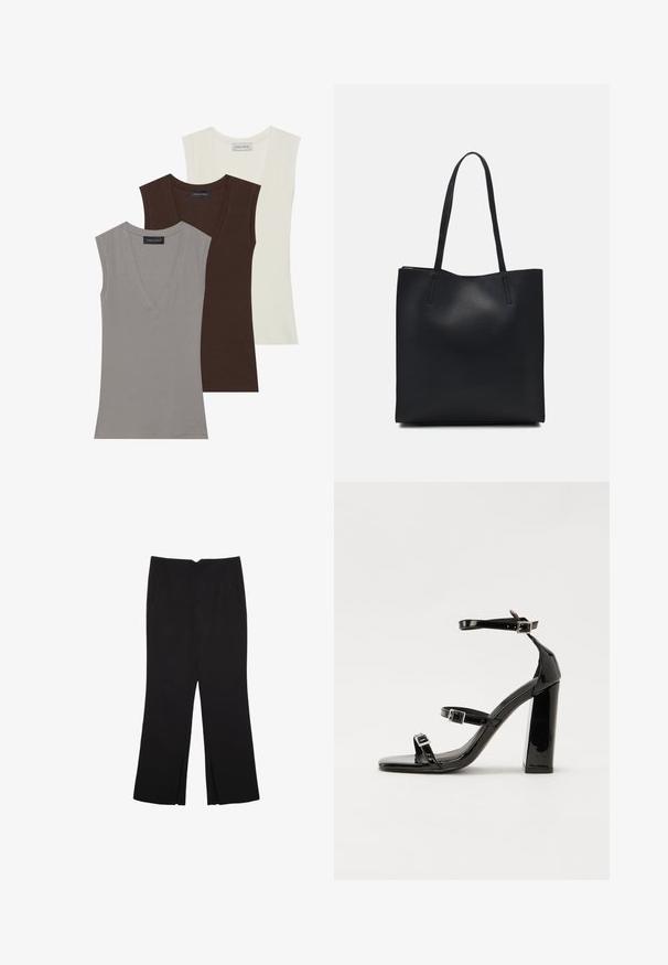 Anna Field 3 PACK - Linne - gray/coconut milk/coffee bean; Svarta byxor med rak passform, utrustade med framfickor och sidoklyvningar vid fållen. Tillverkade av mjukt, slätt tyg. Lämpliga för olika tillfällen.; Svarta lackerade klacksandaler med fyrkantig tå, ankelremmar och silverfärgade spännen. Har en kraftig blockklack för stabilitet.; Svart lädertoffelväska med slät textur, rektangulär form och två långa handtag. Ingen synlig hårdvara eller dekorationer.
