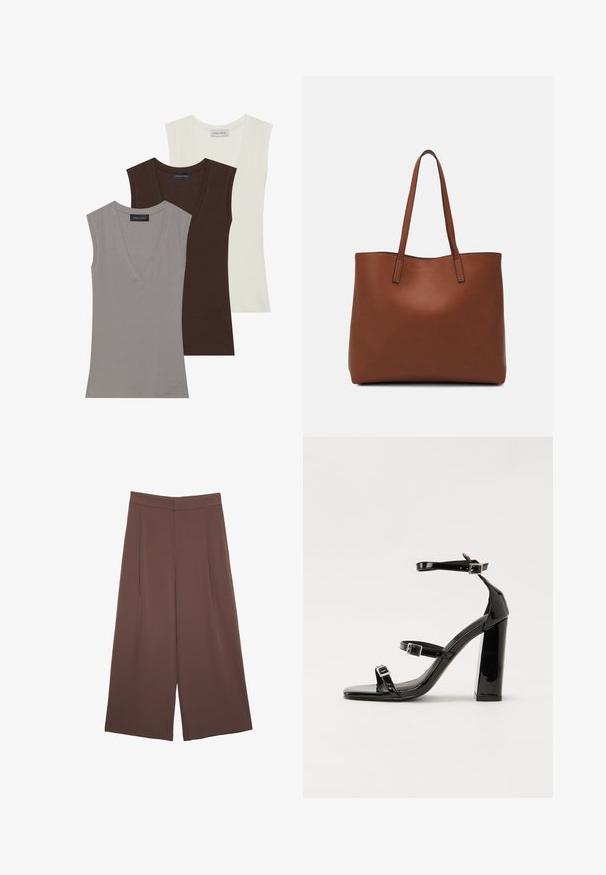 Anna Field 3 PACK - Top - gray/coconut milk/coffee bean; Smeđe hlače širokog kroja s glatkom teksturom, koje imaju visok struk i nabore sprijeda. Tkanina je lagana i slobodno se kreće.; Crne lakirane sandale na pete sa kvadratnim nosom, trakama oko gležnja i srebrnim kopčama. Imaju čvrst blok petu za stabilnost.; Smeđa kožna torba preko ramena s glatkom teksturom, otvorenim vrhom i dvjema naramenicama. Ima minimalne šavove i nema vidljivog hardvera.