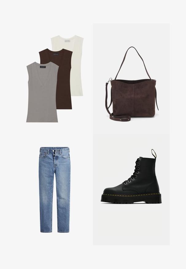 Anna Field 3 PACK - Top - gray/coconut milk/coffee bean; Jeans de mezclilla azul claros con corte recto, diseño de cinco bolsillos y cierre de botón. Presentan un ligero desvanecimiento y acentos de costura en naranja.; Botas de tobillo de cuero negro con cordones, suela de goma texturizada gruesa y detalle de costura amarilla alrededor de la plataforma.; Bolso tote de ante marrón con una textura suave, que presenta una sola correa para el hombro y una sutil apertura curva en la parte superior. Sin detalles de herrajes visibles.