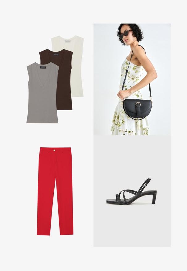 Anna Field - Top; Czerwone spodnie o prostym kroju, z płaskim przodem, zapięciem na jeden guzik i dwoma bocznymi kieszeniami. Gładki materiał bez widocznych wzorów lub akcentów.; Czarne sandały na obcasie z prostokątnym noskiem i niskim słupkowym obcasem. Posiadają wiele cienkich pasków i regulowany pasek na kostkę. Wykonane z gładkiej skóry.; Czarna skórzana torebka o zakrzywionym kształcie, z odpinanym paskiem i złotymi akcentami. Torebka posiada klapę z zapięciem w kształcie klamry.