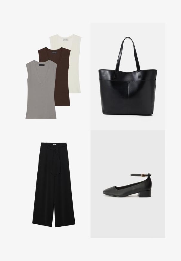 Anna Field - Top; Czarne spodnie szerokie z teksturowanej tkaniny, z elastycznym paskiem w talii i odpinanym paskiem w talii dla regulowanego dopasowania.; Czarne skórzane szpilki z ostrym noskiem i niskim słupkowym obcasem. Wyposażone w pasek na kostkę z złotym zapięciem. Gładka tekstura.; Czarna skórzana torba na ramię z dwoma długimi uchwytami, gładką teksturą i sztywną formą. Posiada przednią kieszeń dla dodatkowego przechowywania.