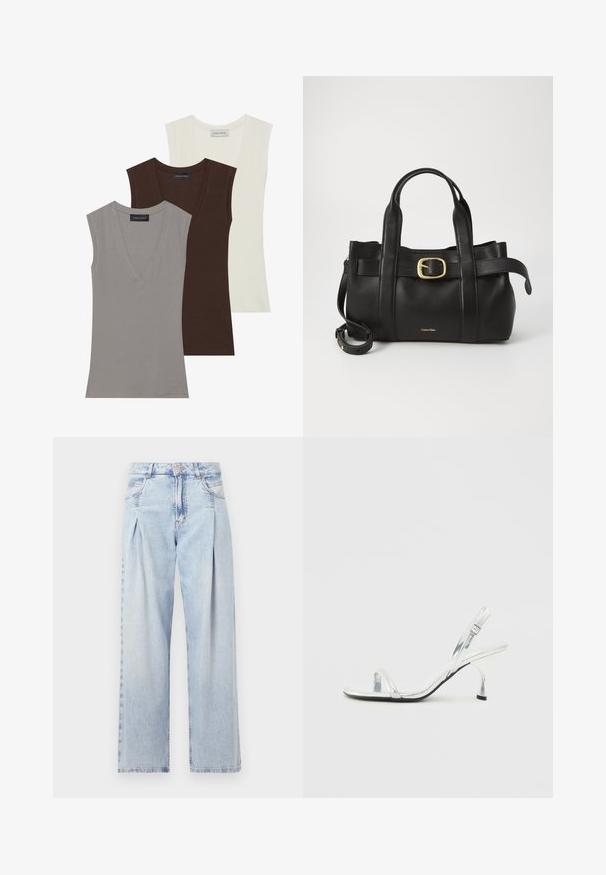 Anna Field 3 PACK - Top - gray/coconut milk/coffee bean; Jeans din denim albastru deschis cu talie înaltă, croială evazată, două buzunare laterale și un design pliat. Textură moale cu un finisaj decolorat.; Sandale cu toc înalt slingback din piele patent argintie, cu o curea îngustă pe degete, cataramă ajustabilă și un toc subțire.; Geantă de mână din piele neagră, cu un design structurat, mânere superioare duale, accent cu cataramă aurie și logo-ul brandului embosat în față.