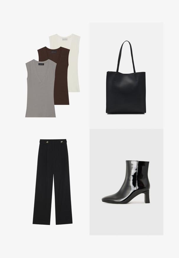 Anna Field 3 PACK - Topp - gray/coconut milk/coffee bean; Mustad laiad püksid kõrge vöökoha ja nööpdetailidega vööandil, esikortsudega.; Must-sinine nahkjalats musta läikiva viimistlusega, millel on terav nina ja keskmise kõrgusega plokk konts. Sile tekstuur ja minimalistik disain.; Mustast nahast kott sujuva tekstuuriga, ristkülikukujuline ja kahe pika sangaga. Pole nähtavat riistvara ega kaunistusi.