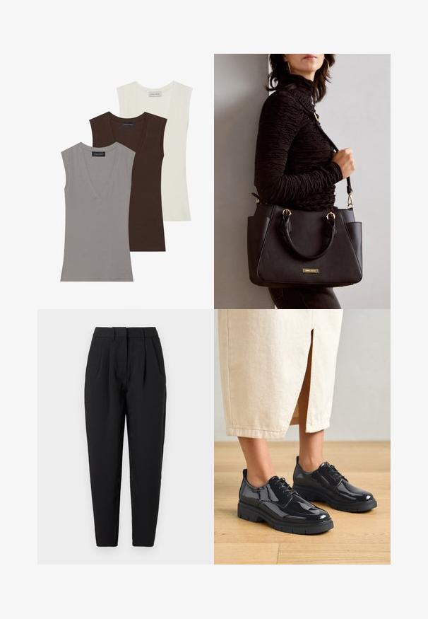 Anna Field 3 PACK - Top - gray/coconut milk/coffee bean; Černé kalhoty s rovný fit, které mají záhyby v přední části, hladkou texturu a postranní kapsy. Pas je standardní výšky.; Černé lakované boty na silné černé podrážce, s šněrováním a kulatou špičkou, obuté s lehkou béžovou sukní.; Černá kabelka s texturovaným povrchem, dvojitými horními uchy a nastavitelným ramenním popruhem. Obsahuje zlaté kovové prvky a boční kapsy.