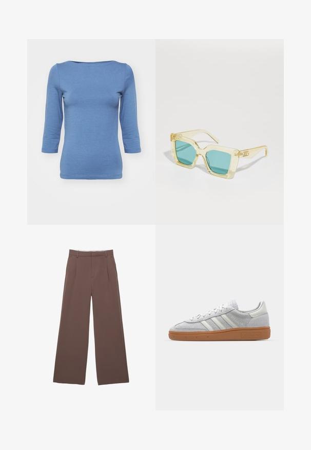 Modrý top s dlouhým rukávem vyrobený z měkké látky, s vykrojeným výstřihem a přiléhavým střihem. Má hladkou texturu a švy podél spodního okraje.; Široké kalhoty z jednobarevné hnědé látky, s hladkou texturou, předními záhyby a vysoce kvalitním pasem. Bez viditelných log nebo vzorů.; Svetle šedé nubukové tenisky s bílými koženými akcenty, třemi bílými pruhy a hnědou gumovou podrážkou, s polstrovaným límcem pro pohodlí.; Žluté průhledné sluneční brýle s tyrkysovými čočkami, čtvercového tvaru a výrazným šikmým designem stranic s rytým detailem.; Žlutá skládací kabelka vyrobená z hladké umělé kůže, s jemným tvarem, jedním ramenním popruhem a designem s nařaseným vrškem.