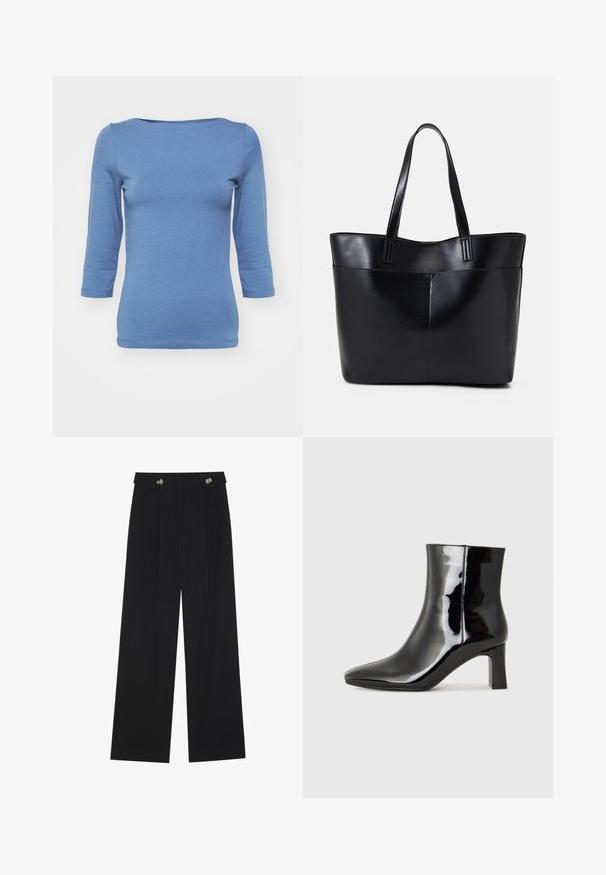 Blue long-sleeve top made from soft fabric with a scoop neckline and fitted design. Features smooth texture and stitching along the hem.; Black wide-leg trousers with high waist, button details on waistband, and front pleats.; Black patent leather ankle boot with a pointed toe and a mid-height block heel. Smooth texture and minimalist design.; Black leather tote bag with two long handles, a smooth texture, and a structured shape. Features a front pocket for additional storage.