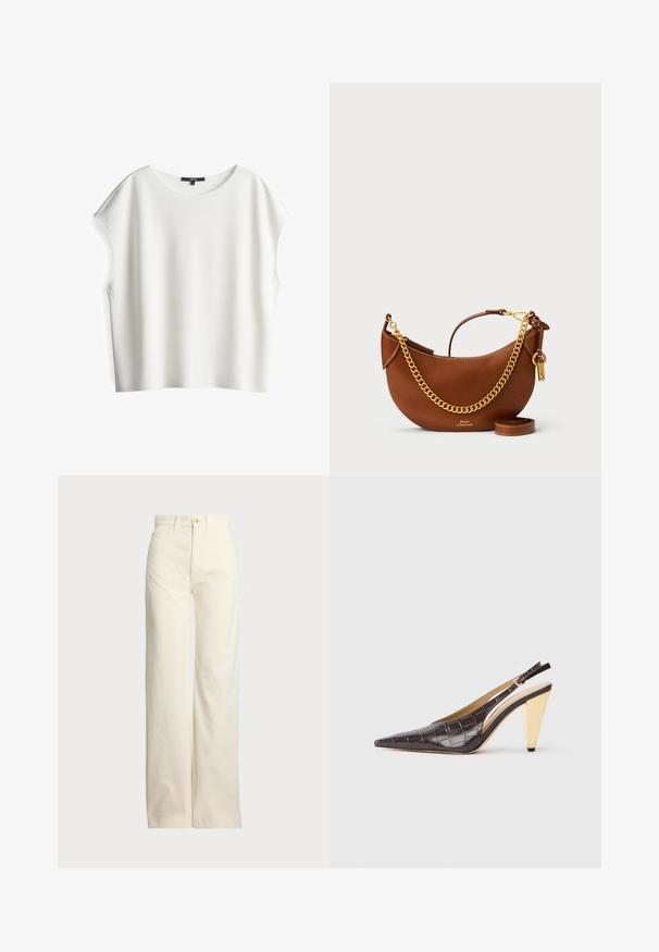 Witte, kortgebouwde top met een losse, boxy pasvorm en een ronde halslijn. Gladde textuur en minimale stikdetails.; Polo Ralph Lauren COTTON CORDUROY WIDE-LEG PANT - Broek - warm white; Puntige slingback hak in donkerbruin glanzend faux krokodillenleer. Kenmerkt zich door een goudkleurige geometrische hak en een verstelbare enkelband.; Bruine leren handtas met een gebogen ontwerp, gouden schouderband, binnenzak en een afneembare schouderband. Heeft contrasterende stiksels.