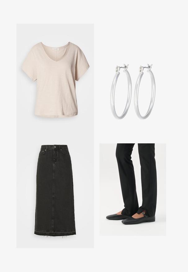 Lys beige kortærmet v-hals t-shirt lavet af et blødt, tekstureret stof. Løs pasform med en subtil glans og en lige bundkant.; Sort denim midi-nederdel med en tætsiddende talje, frontknaplukning og frynset kant. Har klassisk fem-lomme-design og let struktur.; Sorte læder balletflade sko med spids tå, rem med sølvspænde, parret med sorte skræddersyede bukser med slids i bunden.; Sølv hoop øreringe med en glat, poleret overflade. Rund form og sikker klik-lukning. Letvægtsdesign, der er velegnet til hverdagsbrug.
