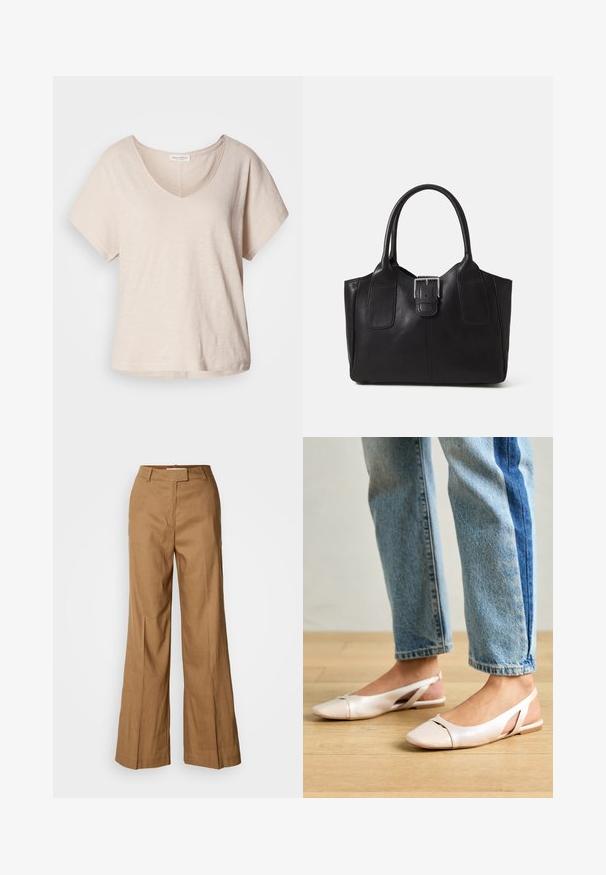 Light beige short-sleeve v-neck t-shirt made of a soft, textured fabric. Relaxed fit with a subtle sheen and a straight bottom hem.; Brown wide-leg pants made of lightweight fabric. Features a flat front, belt loops, and a tailored silhouette with an ankle-length cut.; Pale pink slingback flats with a pointed toe, made from a smooth leather-like material. Features cut-out details at the sides and a flat heel.; Black leather tote bag with smooth texture, structured shape, two handles, and a prominent silver buckle detail on the front.
