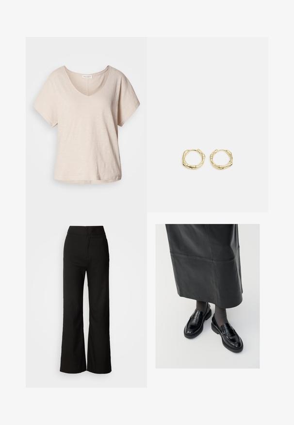 Šviesiai smėlinis trumpomis rankovėmis v-kaklo marškinėliai, pagaminti iš minkštos, tekstūrizuotos medžiagos. Atsipalaidavusi prigludimo forma, su subtiliu blizgesiu ir tiesia apačia.; Juodos plačios kelnės su lygiu paviršiumi, aukšta liemeni, ir švariu dizainu. Nėra matomų kišenių ar papuošimų.; Juodos odinės loafer bateliai su glotniu paviršiumi, dekoratyvine juostele, apvalia nosimi ir tekstūruotu padu. Dėvimi su ilga juoda odine sijonu.; Aukso žiedo auskarai su tekstūruotu, netaisyklingu paviršiumi. Yra be siūlių užsegimas ir poliruotas paviršius, akcentuojantis modernų dizainą.