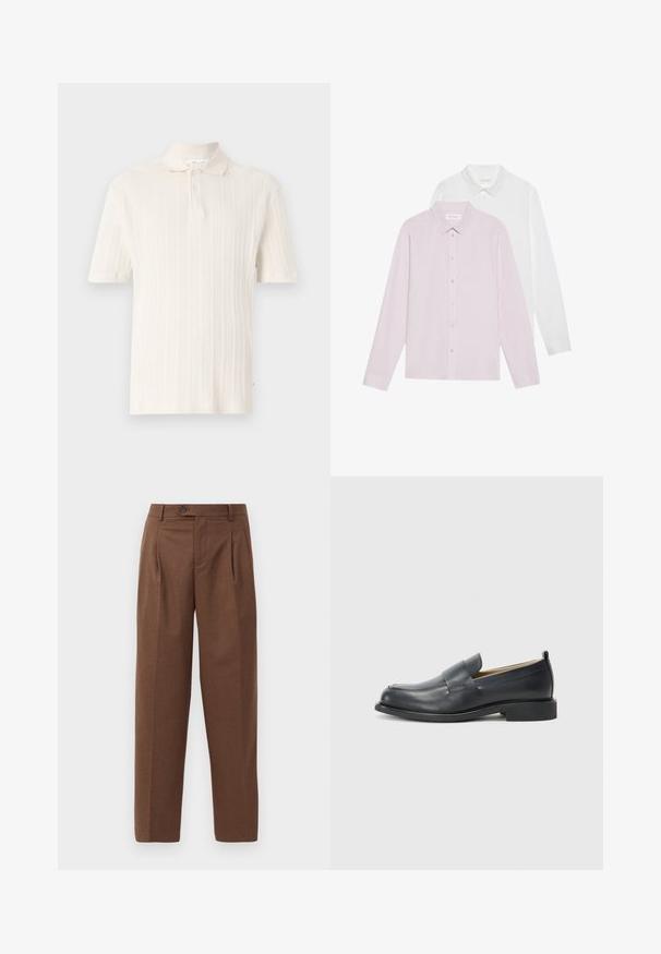 Pánská polokošile s krátkým rukávem ve světle krémové barvě, vyrobená z jemné tkaniny s vertikálně strukturovaným povrchem, s klasickým límečkem a dvojitým knoflíčkovým zapínáním.; Dvě košile s dlouhým rukávem: jedna světle růžová, druhá bílá. Obě mají špičaté límce a knoflíkové zapínání. Hladká tkanina bez vzorů.; Hnědé kalhoty na míru se rovný fit, viditelnými skladbami, předními kapsami a jedním knoflíkem na zapínání v pase. Hladká textura.; Černé kožené mokasíny s hladkým povrchem, plochou podrážkou a zaoblenou špičkou, zdobené páskem přes svršek.