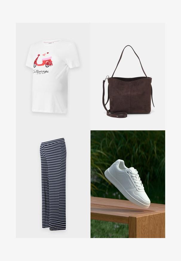 Balta medvilninė marškinėliai su raudonos motorolerio grafika, dekoruota blizgučiais, rožiniais akcentais ir širdelėmis, taip pat su užrašu "Cityscape Paris '90".; Tamsiai mėlynos ir baltos dryžuotos plačios kelnes su raukšlėta tekstūra, turinčios elastingą liemenį ir laisvą siluetą.; Balti sneakeriai su lygia sintetine viršutine dalimi, perforuota pirštų zona, plokščiomis raištelėmis ir tekstūruotu padu, padėti ant medinės paviršiaus.; Ruda suede audinė su minkšta tekstūra, turinti vieną petį ir subtilų kreivinį viršutinį atidarymą. Matomų metalinių detalių nėra.