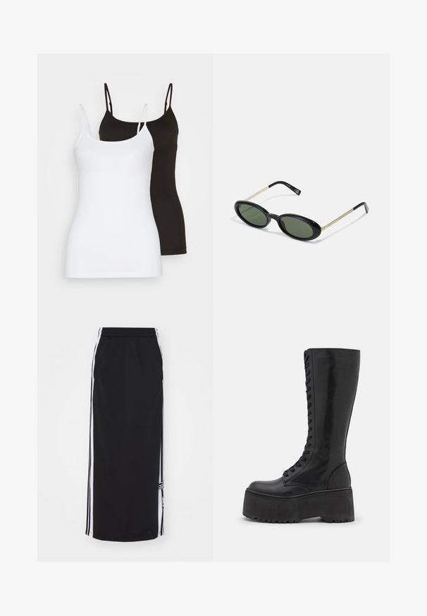 Divas divas bez piedurknēm, viena baltā un otra melnā, izgatavotas no gludas, elastīgas auduma. Abām ir plānas jostas un vienkāršs dizains.; Melnā sportiskā svārku ar baltām sānu svītrām, elastīgu jostasvīru un logo detaļu. Izgatavots no elpojoša auduma, līdz ceļgaliem.; Zign LEATHER - Šņorzābaki - black; Ovālas saulesbrilles ar zaļiem lēcām, melnu plastmasas priekšpusi un plānām zelta metāla rokām. Ievērojama minimālisma dizaina iezīme ar gludu tekstūru.