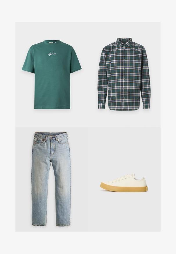 Zeleni pamučni T-shirt s okruglim izrezom i kratkim rukavima. Na prednjoj strani se nalazi bijeli kurzivni tekst "high tea". Jednostavan dizajn, bez uzoraka.; Zeleni flanel košulja s kariranim uzorkom koji sadrži plave, bijele i senf žute linije. Prednji dio s dugmadima i oštrim kragnom. Duge rukave.; Svijetloplave traperice visoki struk, prednji gumb, zatvarač i dizajn s pet džepova, položene ravno na neutralnoj pozadini.; Platnene tenisice u boji slonovače s okruglim vrhom, s bež gumenim potplatima i pet rupa za vezivanje, teksturalna površina na gornjem dijelu.