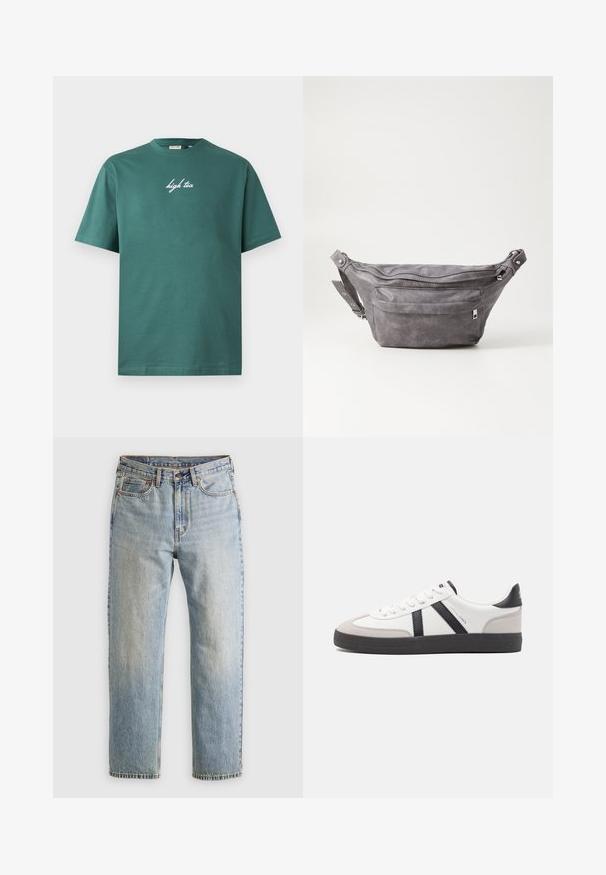 Roheline puuvillane T-särk, mis on varrukateta ja ringkraega. Ees on valge kalligraafiline tekst "high tea". Lihtne disain, ilma mustriteta.; Heledad hele sinine teksapükste kõrge vöökoht, ees nupuga, lukuga ja viie taskuga disain, asetatud tasasele neutraalsele taustale.; Valged tossud mustade ja hallide aktsentidega, tekstureeritud halli varbakattega, musta kummitald ja lamedad valged paelad. Puhtad jooned, minimalistlik stiil.; Hallikate nahast vöö kott, millel on ümar kuju, kaks tõmblukuga taskut ning reguleeritav rihm. Varustatud metallist detailide aktsentidega.